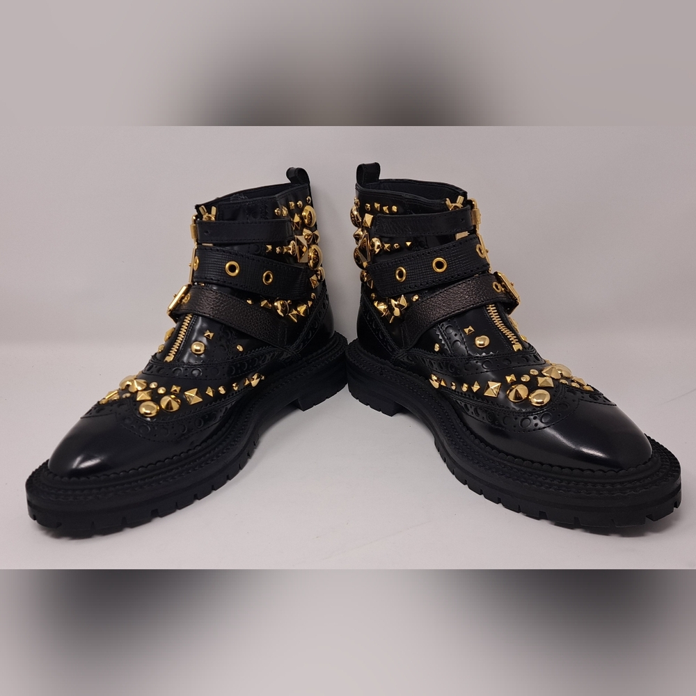 Burberry Everdon Leather Biker Boots Combat Ankle Buckle Gold Studs 10 US 40 EU - Picture 4 of 12